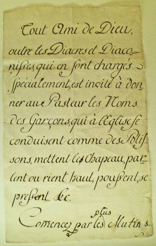 Affiche pour "inviter à donner au pasteur les noms des garçons qui à l'Église se comportent comme des polissons". Musée Oberlin de Waldersbach.